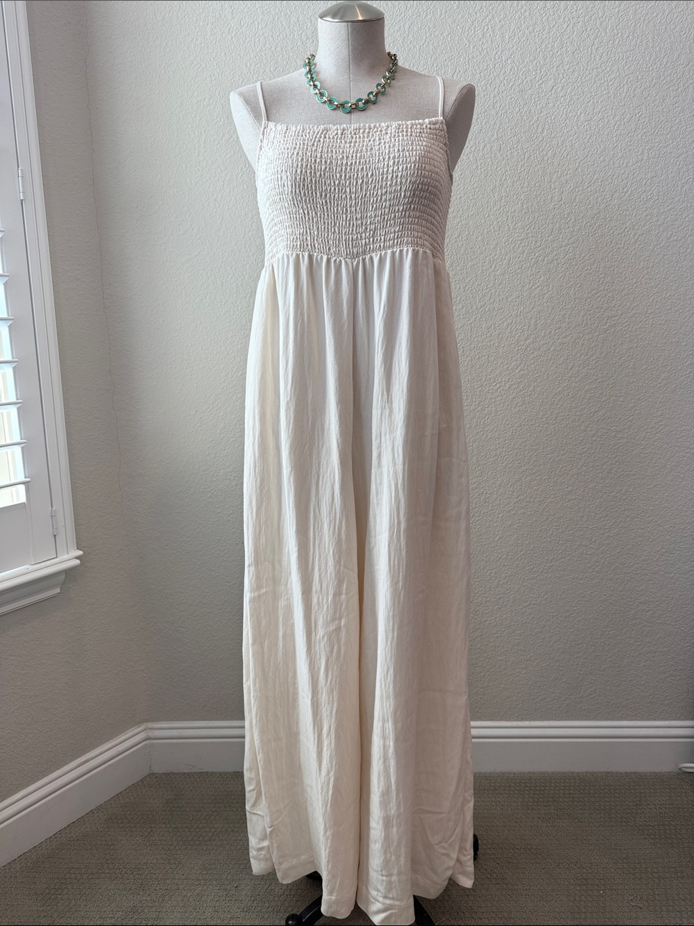 Z Supply Cream Smocked Linen Jumpsuit with Spaghetti Straps